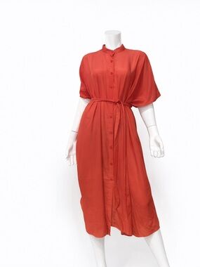 Button-Front Midi Dress with Tie Waist in red/orange
